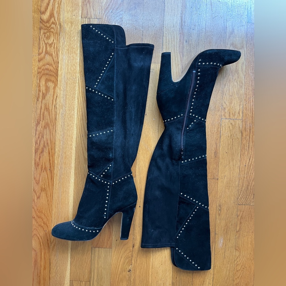 VINCE CAMUTO Suede OTK heeled black boots with silver stud detail size 7M /37
